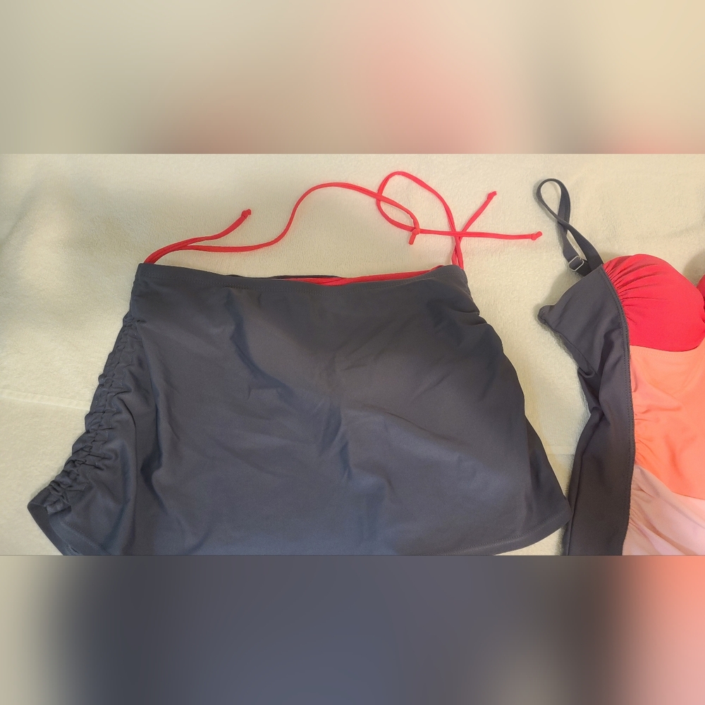 Color Block Tankini Set w/Swim Skirt Pink&Gray Size S - Picture 3 of 16
